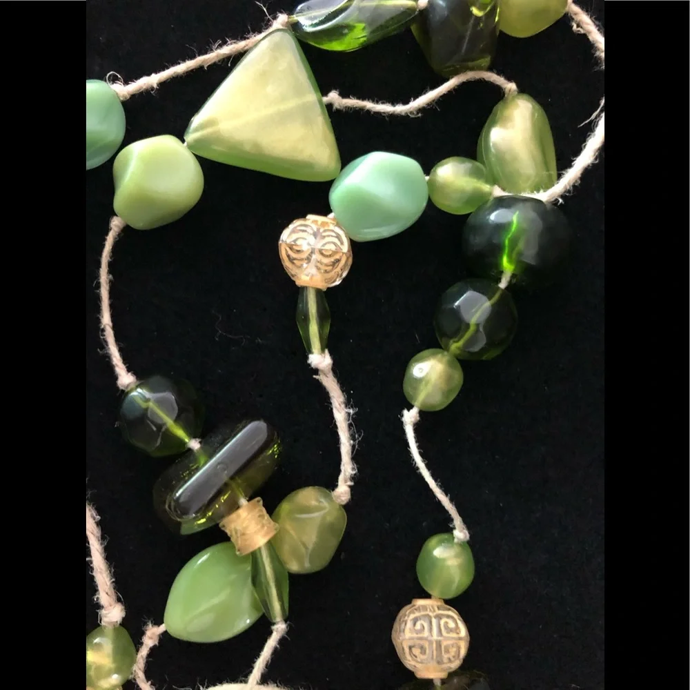 Vintage Artisan Handmade Green Glass Large Beads 50” Natural String Necklace